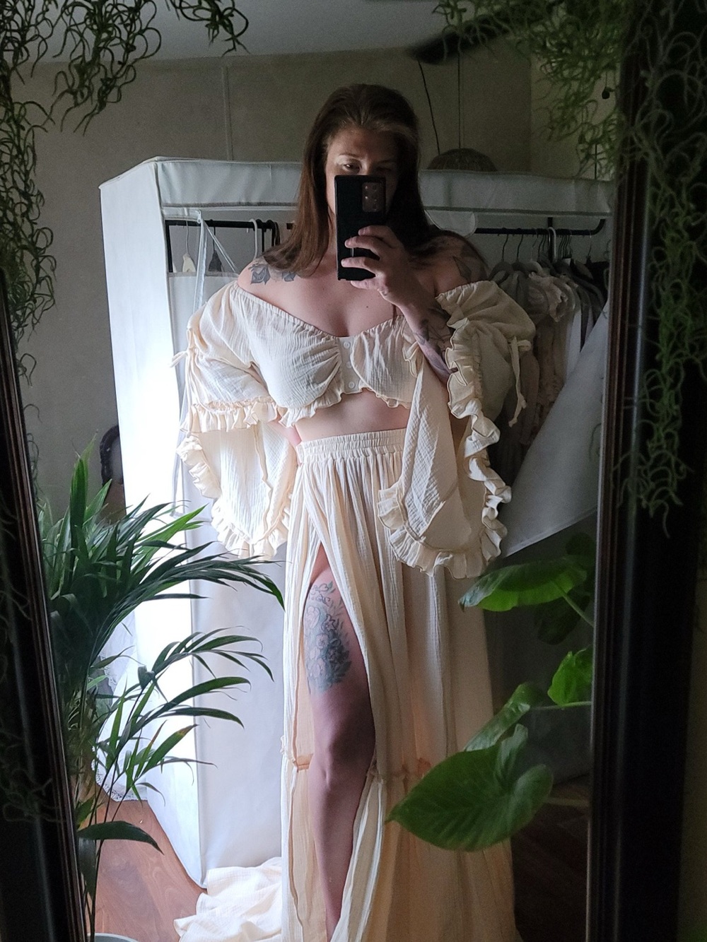 Bohemian Cream Off-Shoulder Maxi Dress with High Slit